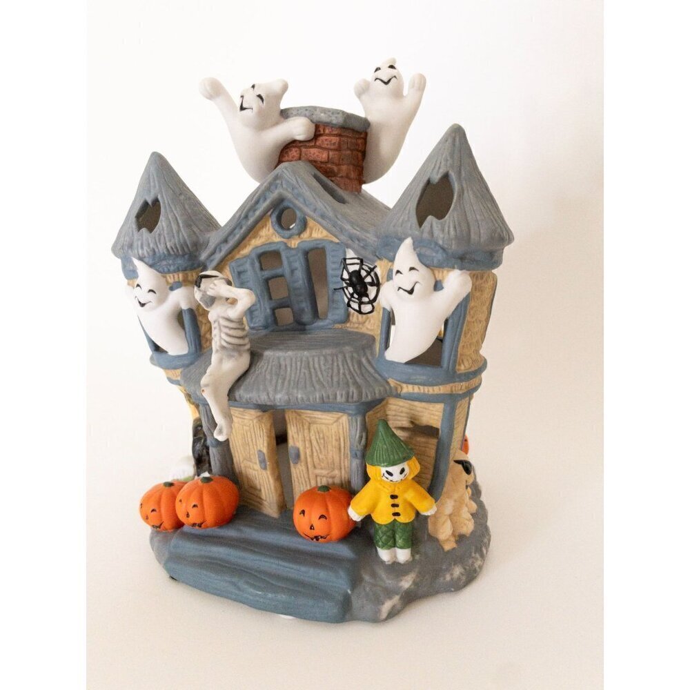 Ceramic Haunted House With Ghosts Halloween Decoration By PartyLite Tealight